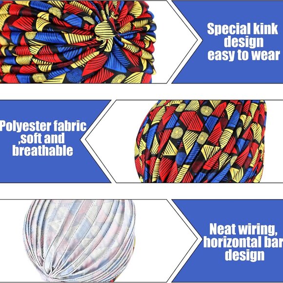 4 Pieces African Headwrap Turban for Women Hair Wrap Head Cap Stretch Pre-Tied K - Picture 5 of 7